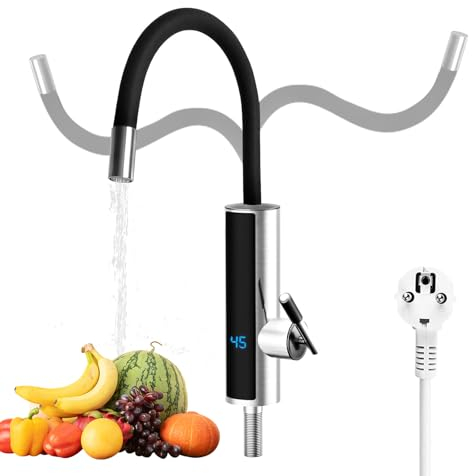 Elektrisch Wasserhahn mit Durchlauferhitzer 230V für Küche Bad, 3000W 360° Drehbarer Edelstahl Elektrischer Durchlauferhitzer Wasserhahn Elektrische Heizung Wasserhahn mit LED Temperaturanzeige