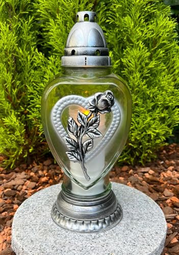 Lanterne funéraire avec fleurs et cœur - Lanterne funéraire rose - 31,5 cm de hauteur - Décoration funéraire avec 1 bougie incluse