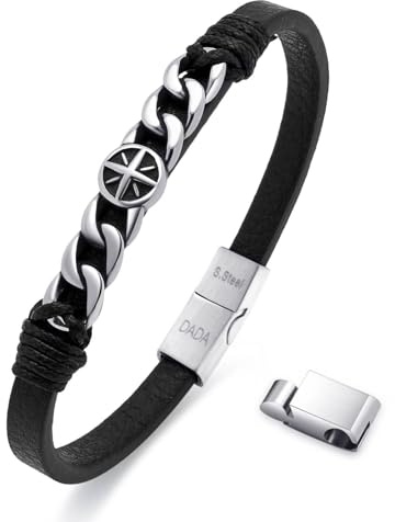 Dada Gioielli - Bracciale Uomo Acciaio e Vera Pelle Con Ancora o Rosa Dei Venti Chiusura Magnetica Regolabile (Rosa Dei Venti)