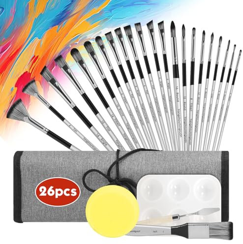 Paint Brushes Set: 26 PCS Nylon Paint Brush Sets for Kids Adults Beginners Professional Artist Series with Angled Round Flat Detail Fan Paintbrushes for Acrylic Oil and Watercolor Painting