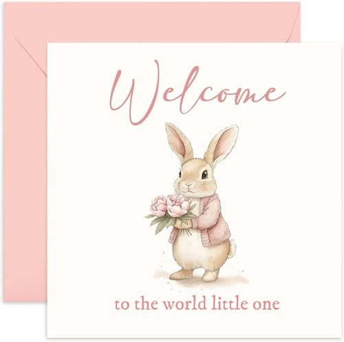 Cute New Baby Greeting Cards for Her - Special Pink Bunny Keepsake Gift for Boy - Newborn Presents for Mummy Daddy Grandparents for Birth of Daughter or Granddaughter - Traditional and Stylish