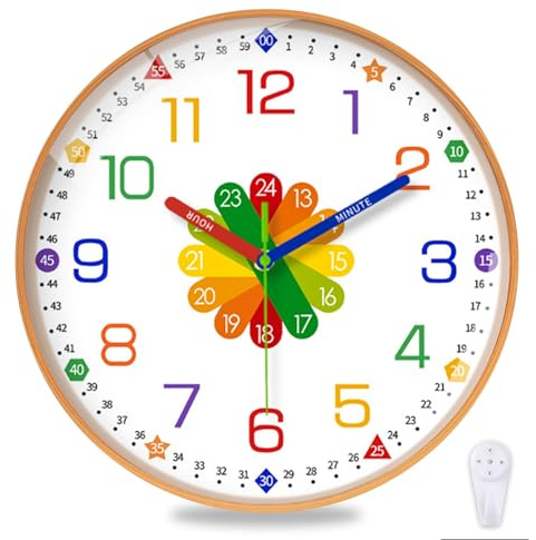 Spardar Learning Clock, 10 Inch Silent Analog Learning Wall Clock for Bedroom, Multi-Colored Non-Ticking Educational Tool, for Classroom Home Decor（Colorful）
