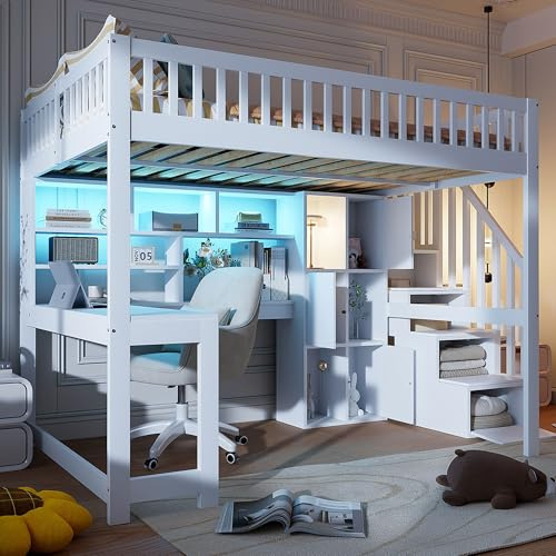 Moimhear Cama alta, 140 x 200 cm, con luces LED, escalera, estanterías, estantes, escritorio, madera de pino+MDF + Plywood, adecuado para niños y jóvenes (blanco)