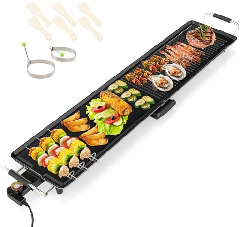 GYMAX Piastra Elettrica, Grill Teppanyaki Extra Grande con Temperatura Regolabile, Superficie Antiaderente, Manici Isolati e Vassoio di Raccolta, Griglia BBQ da Tavolo per Interni ed Esterni (100 cm)