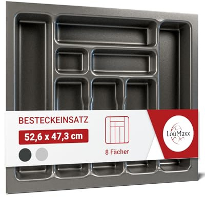 LouMaxx Besteckeinsatz für 60 cm breite Schubladen - Besteckkasten 47,3 x 52,6 cm Made in Germany, basaltgrau mit 8 Fächern und stabilen Ecken - bruchfest & langlebig