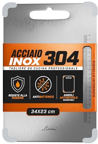 LIVINI Tagliere in Acciaio Inox 304 Alimentare 34x23cm, Tagliere da Cucina Professionale con Angoli Antiscivolo Rimuovibili in Silicone Antibatterico, Righello inciso per un Taglio preciso