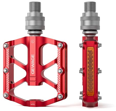 GEWAGE Pedal de liberación rápida 9/16 – Pedal Plano CNC de Aluminio Desmontable con 8 Pines Antideslizantes y reflectores para Bicicletas Plegables, Fixie y urbanas (Rojo)