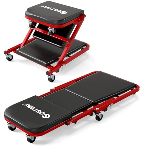 COSTWAY Chariot de Visite Pliable avec Siège Rembourré Charge 150 kg (Noir) | Tabouret d'Atelier Convertible à 6 roulettes, Planche de Travail Mécanicien pour Garage Réparation Automobile