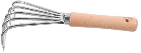 Kisangel Rastrillo Pequeño de Mano para Jardinería con 5 Púas de Acero Inoxidable Mango Corto de Madera Herramienta Manual para Aflojar Tierra Deshierbar y Cultivo en Jardín