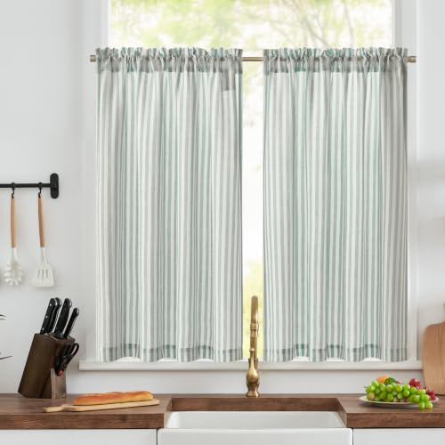 TOPICK Kitchen Curtains, Half Window Cafe Curtains, Light Blue, W36xL45 | 2 Panels Linen Look Rod Pocket Light Filtering Striped Curtains for Bedroom, Living Room, Cupboard Base, Sink
