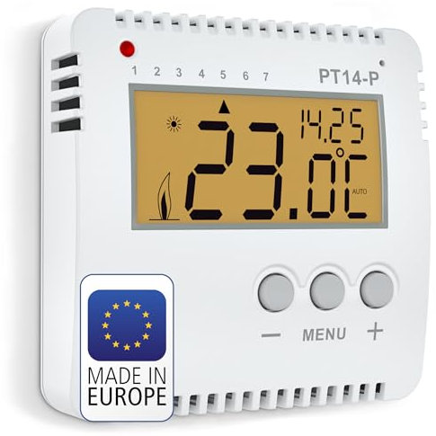 ELEKTROBOCK PT14-P Digitaler Raumthermostat 230V - Programmierbarer Wandthermostat mit großem beleuchtetem LCD Display - Für elektrische Heizungen - Einstellbares Wochenprogramm und Zusatzfunktionen