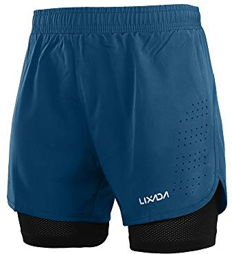 Lixada Short de Course 2 en 1 pour Homme - Séchage Rapide - Respirant - avec Chausson Long, Bleu Foncé, M