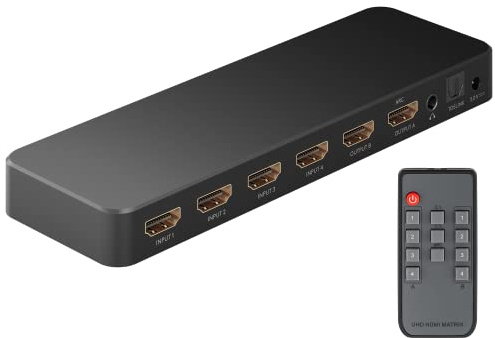 goobay Commutateur matriciel HDMI 58479 4 vers 2, répartiteur matriciel 4k à 60 Hz/avec télécommande pour lecteur Blu Ray, Xbox, PS5 et TV/Interrupteur 4 entrées et 2 sorties,Schwarz