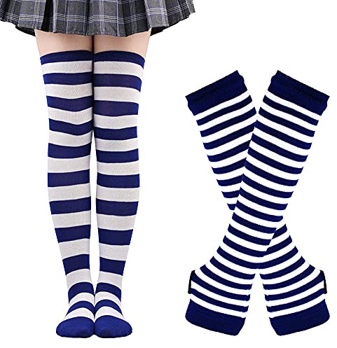 Thajaling Calzini da donna, guanti senza dita a righe Set di calzini alti fino al ginocchio,ragazze Cosplay a strisce calze lunghe guanti buco per Halloween (Blu/Bianco)
