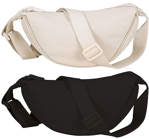 Firtink 2 Pack Crescent Bag for Women Men, Nylon Crescent Bags Dumpling Bag Hobos Crossbody Bags Purse with Adjustable Strap(Beige)