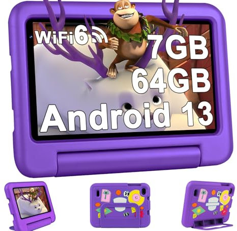 Oangcc 2025 Tablet 7 Pulgadas Android Tablet, 7GB RAM+64GB ROM(TF 1TB), WiFi 6, GMS Certified, BT 5.0, Control Parental/Dual Camera/GPS/Funda para Tableta a Prueba - Morado