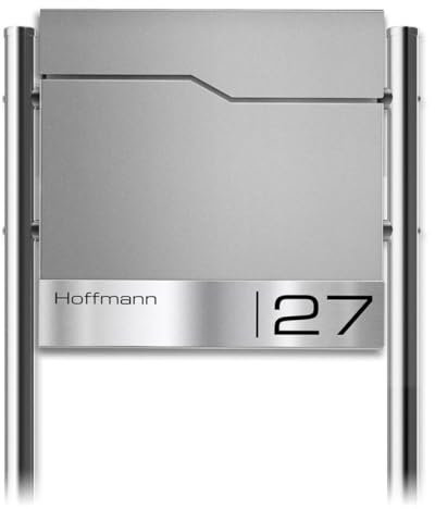 Metzler Briefkasten mit Pfosten in RAL 9007 Graualuminium Enno - Standbriefkasten mit V2A Edelstahl Namensschild & Zeitungsfach - Briefkasten mit Gravur - Postkasten, Größe: 37 x 37 x 10,5 cm