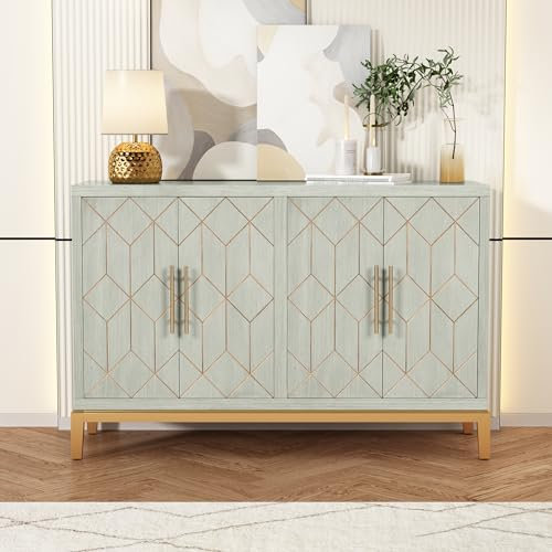 HOLTICO Küchenschrank Sideboard Buffet Schrank Grün 4-türig mit verstellbarem Regal - Freistehender Schrank für Küche, Badezimmer, Wohnzimmer, Schlafzimmer, Esszimmer - Goldene Linien und Beine