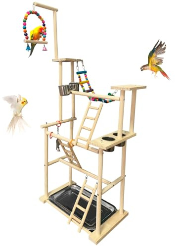 Hamiledyi Natural Wood Bird Playground Stand with 4 Large Layers - Exercise Perch for Parrots Cockatiels and Small Birds Indoor Bird Activity Center with Ladders and Swings