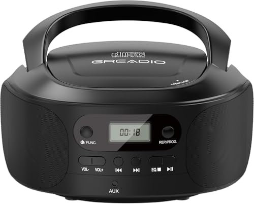 Greadio Tragbarer CD Player mit AUX-Eingang, Boombox CD-Spieler mit Lautsprecher, CD/CD-R/CD-RW-Kompatibel, Programmierung, Batterie-/Typ-C-Betrieb, CD-Player Tragbar für Kinder, Senioren (Schwarz)