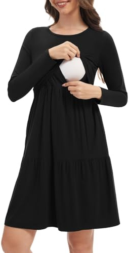 Bearsland Robe d'allaitement à manches longues avec poche pour femme, Noir , XL