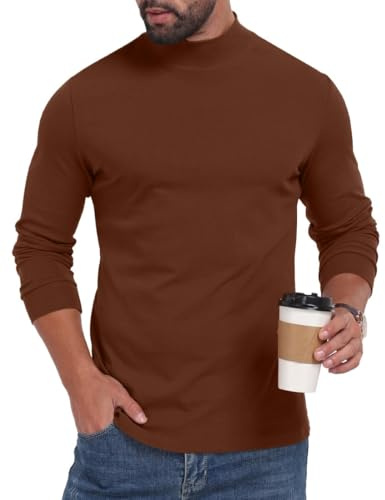PrinStory Långärmad T-shirt för män, tröja med rund hals, polotröja, lätt stickad tröja, Ljusbrun, M