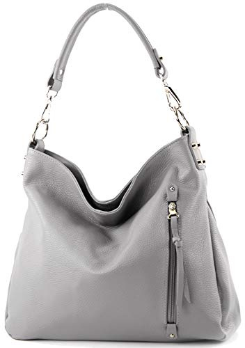 modamoda de T183 Damen Schultertasche Handtasche Tragetasche Echtleder Groß handmade in Italy, Farbe:Telegrau
