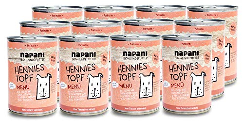 napani - Premium Hundefutter nass, Bio Nassfutter für Hunde, Hennies Topf mit Huhn, Naturreis & Süßkartoffeln, purinarm, schonend gegart & ohne Zusatzstoffe, 12 x 400g