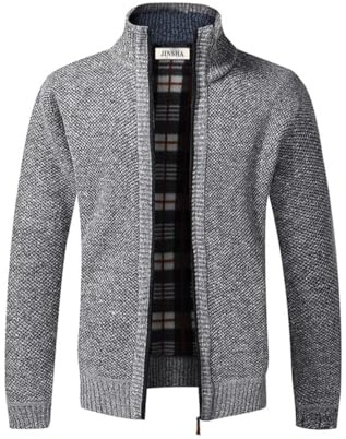 Cárdigan de Punto para Hombre, suéter Grueso con Cremallera Completa y Cuello Alto, cálido suéter con Forro Polar para Invierno(Light Gray L)