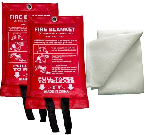 ASPIRE UK 1M x 1M Fire Blanket - 2 Pack - Fiberglass Fire Suppression Blanket for Kitchen, Home, Office & Caravan