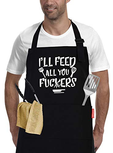 APRONPANDA I'll Feed All You - Funny Black BBQ Chef Aprons for Men Women with 2 Pockets - Gifts for Men, Birthday Gifts for Husband, Son, Boyfriend- Kitchen Cooking Grilling Apron