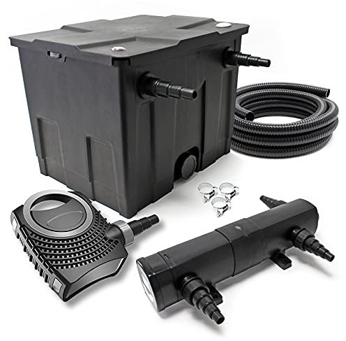 SunSun Komplettset: CBF-350 Teichfilter bis 12000L Teichfilteranlage Durchlauffilter, NEO3800 Teichpumpe 3600l/h 20W, CUV-236 Teichklärer 36W, 5m Teichschlauch 38 mm (1 1/2), Schlauchschellen 44-47mm