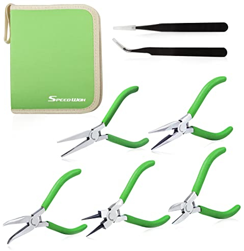SPEEDWOX 5-teiliges Mini-Zangen-Set mit Etui inklusive Flachzange, Rundzange, gebogene Zange, Diagonalzange, lange Spitzzange mit 2 Pinzetten für die Herstellung von Handwerk
