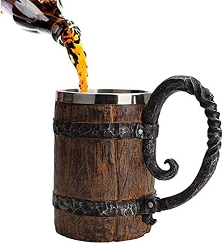 ZNZNANG Holzimitat-Fass Edelstahl Wikinger Handgemachter Carving Bierkrug Fass Retro Krug für Bar Restaurant (Bierkrug aus Holzfass 550 ml)