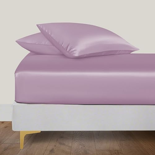 LINENWALAS King Fitted Sheet 150x200 cm, 100% Organic Bamboo Silk Bed Sheet for King Size Bed, Up to 40 cm Deep Pocket Bottom Sheet, Soft, Cooling Hypoallergenic Bedding (Lilac)