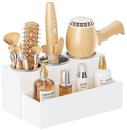 HIIMIEI Hair Tool Organizer, Acrylic Hair Dryer Holder, Bathroom Countertop Blow Dryer Stand Storage, Vanity Organizer for Accessories, Makeup, Flat Irons, Curling Irons, and Toiletries (White)