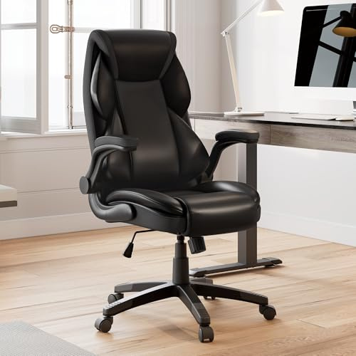 EUREKA ERGONOMISK kontorsstol, regenererat läder skrivbordsstol med uppfällbart armstöd och ländryggsstöd, svängbar datorstol med dubbel vaddering, kontorsstol med hög rygg för hemmet – svart