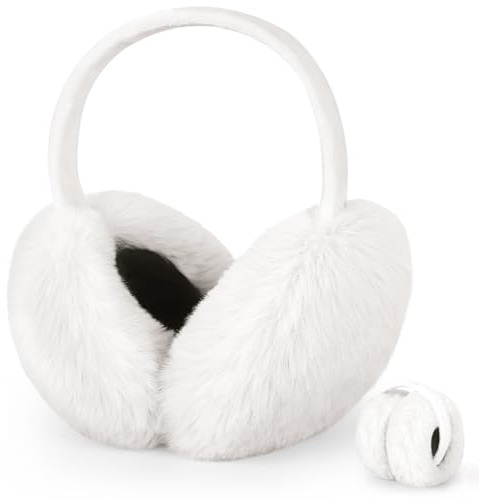 Lainlight Earmuffs for Women Winter Foldable Warm Ear Muffs Faux Fur Cute Fuzzy Ear Warmers for Women White