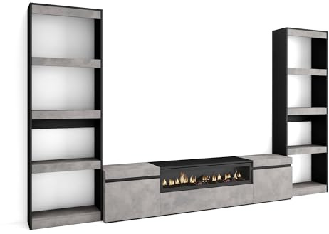 Skraut Home | Mobile Soggiorno TV | Parete Attrezzata Soggiorno | 320x186x35cm | Per TV fino a 80 | Camino elettrico | Stile moderno | Cemento