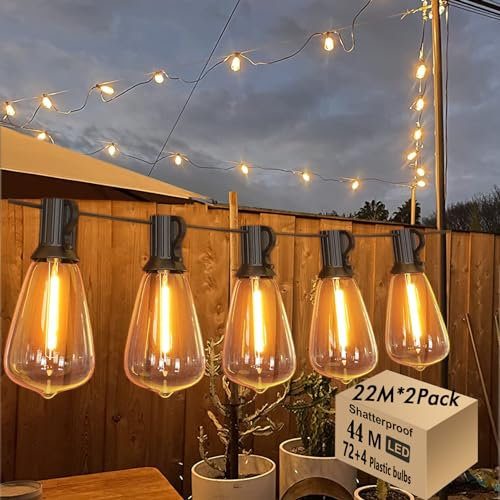 Skeerei 44M Festoon Lights Outdoor Mains Powered 145FT Outdoor Lights with 72+4 LED ST38 Vintage Outside Festoon Lights for Patio, Pergola, Backyard, Garden, Terrace, Bistro, Party, 2Pack