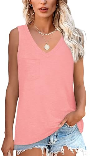 NONSAR Camiseta básica de verano sin mangas para mujer. Camiseta elástica con cuello en V y bolsillo, camiseta interior cómoda de estilo informal