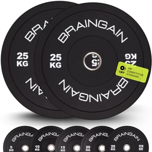 BRAINGAIN Olympiska Bumperviktskivor – Flera Storlekar, Färg/Svart – Viktskivor för Skivstång, Styrketräning & Tyngdlyftning – Par/Set (Svart, 2 x 25kg)