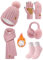PASUDA Mütze Schal Handschuhe Set Damen Winter Warme Fleece Gefütterte Strickmütze mit Bommel Lang Schal Touchscreen Strickhandschuhe Plüsch Ohrenschützer Dicke Socken 5 Stück Set (Rosa, One Size)