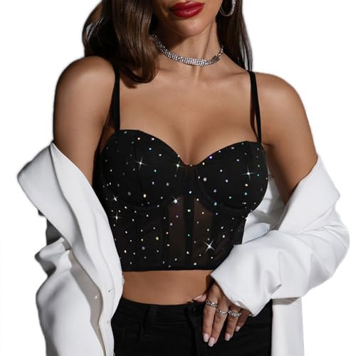 FFWTPY Camiseta Tirantes Mujer Tank Top Camisola Verano Corpiño Brillante sin Mangas Cuello Corazón Crop Top Ajustado Elegante Ropa Fiesta Tops Cortos Moda