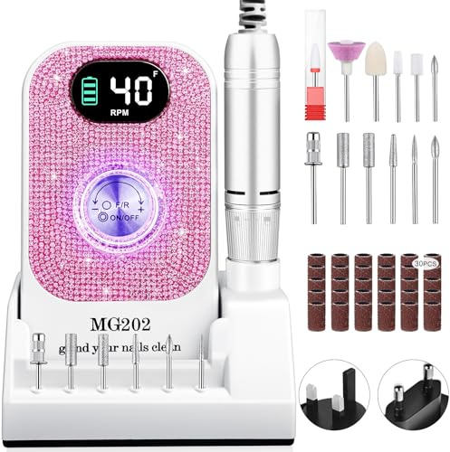 Taladro de uñas profesional 40000 RPM, Urbuti 12 en 1 Lima de uñas eléctrica 4000 mAh con pantalla LCD, velocidad ajustable, silencioso, taladro de manicura portátil para salón/hogar (blanco)