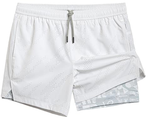 MaaMgic 2 in 1 Laufhose Herren Kurz mit Handytasche Schnell Trocknend 5 Laufshorts mit Innenhose 4 Way Stretch Gym Shorts Sporthose für Running Fitness Workout Athletic,Weiß Muster,L