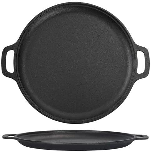 Cast Iron Griddle Pan with Double Handles, Round Non Stick Skillet Pan with Oil Brush, BBQ Steak Cooking Skillet, for Gas Grill and Electric Grill (30 cm)