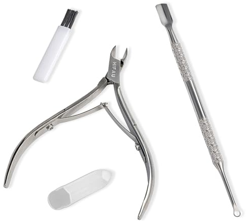 HIFAU Juego de herramientas de manicura profesional de 3 piezas, pinza de cutículas de acero inoxidable, herramienta de eliminación de esmalte de uñas de gel mejorado y empujador de cutículas, cepillo