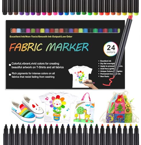 iwontalersy 24 Colores Rotulador Textil Permanente,Pintura Textil Permanente y Lavable,Marcadores de Tela no Tóxicos e Indelebles,Perfecto para Camisetas,Bolsas