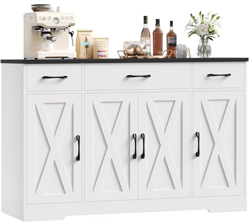 HOCSOK 140 cm Credenza Cucina, Mobile Cucina con 3 Cassetti e 4 Armadi，Buffet Mobile Moderno, Credenza Soggiorno, Mobile per Cucina Ingresso Foyer, Sala da Pranzo (Bianco + Nero)